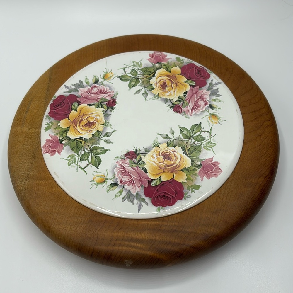 Myrtlewood and Ceramic Vintage Floral Trivet